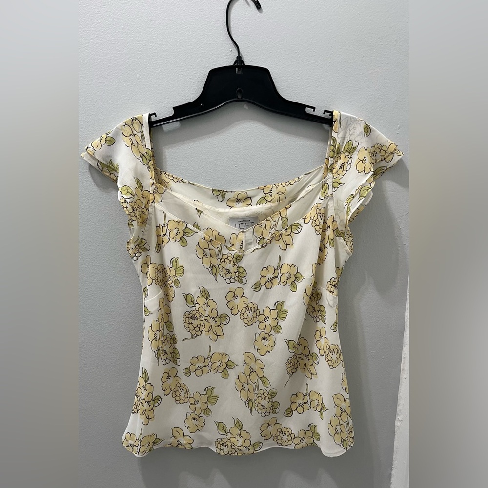 LOFT Floral Cream Fitted Cap Sleeve Blouse